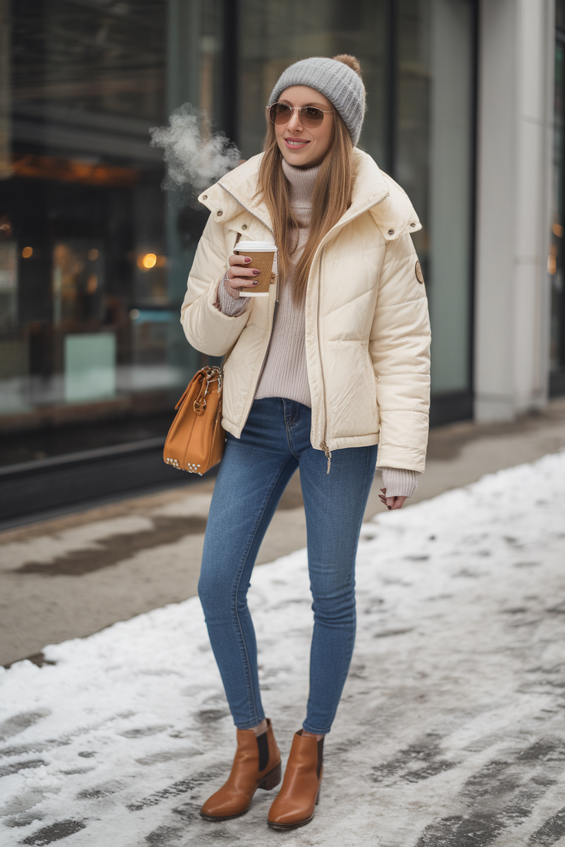 Cream puffer jacket with blue skinny jeans and caramel leather ankle boots.