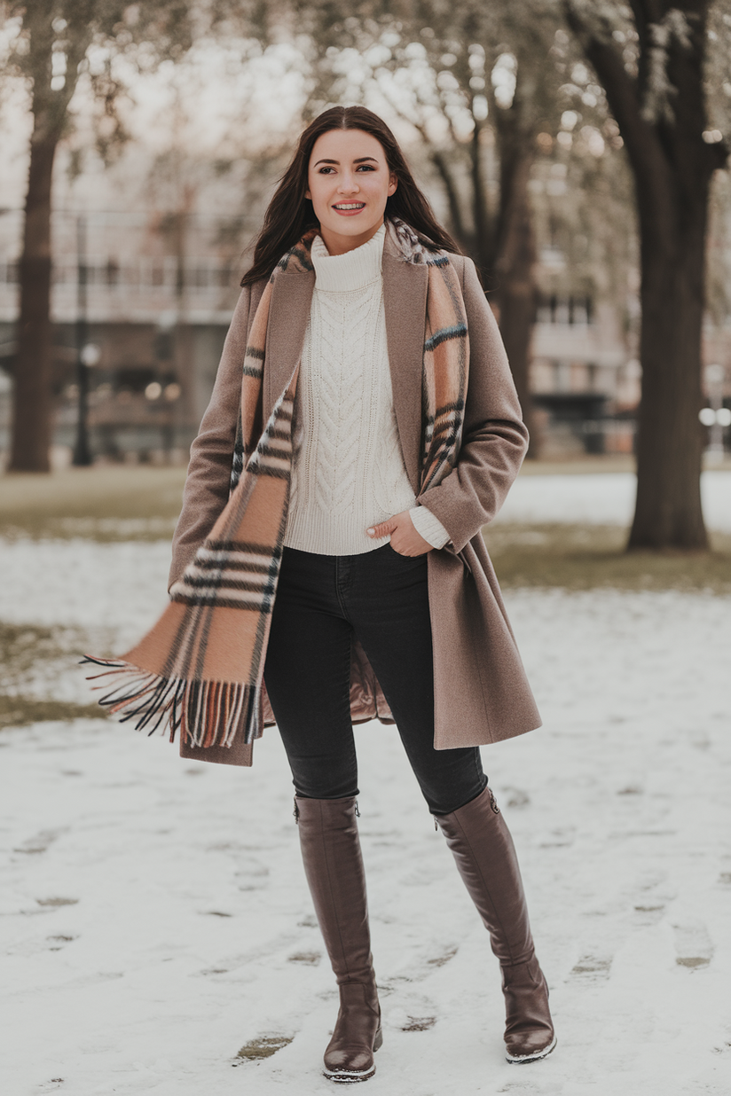 Taupe coat with white sweater, black skinny jeans, and dark brown riding boots.