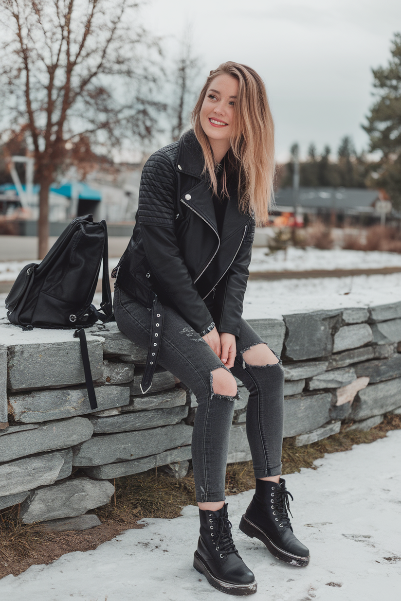 Black leather jacket with gray jeans and black combat boots.