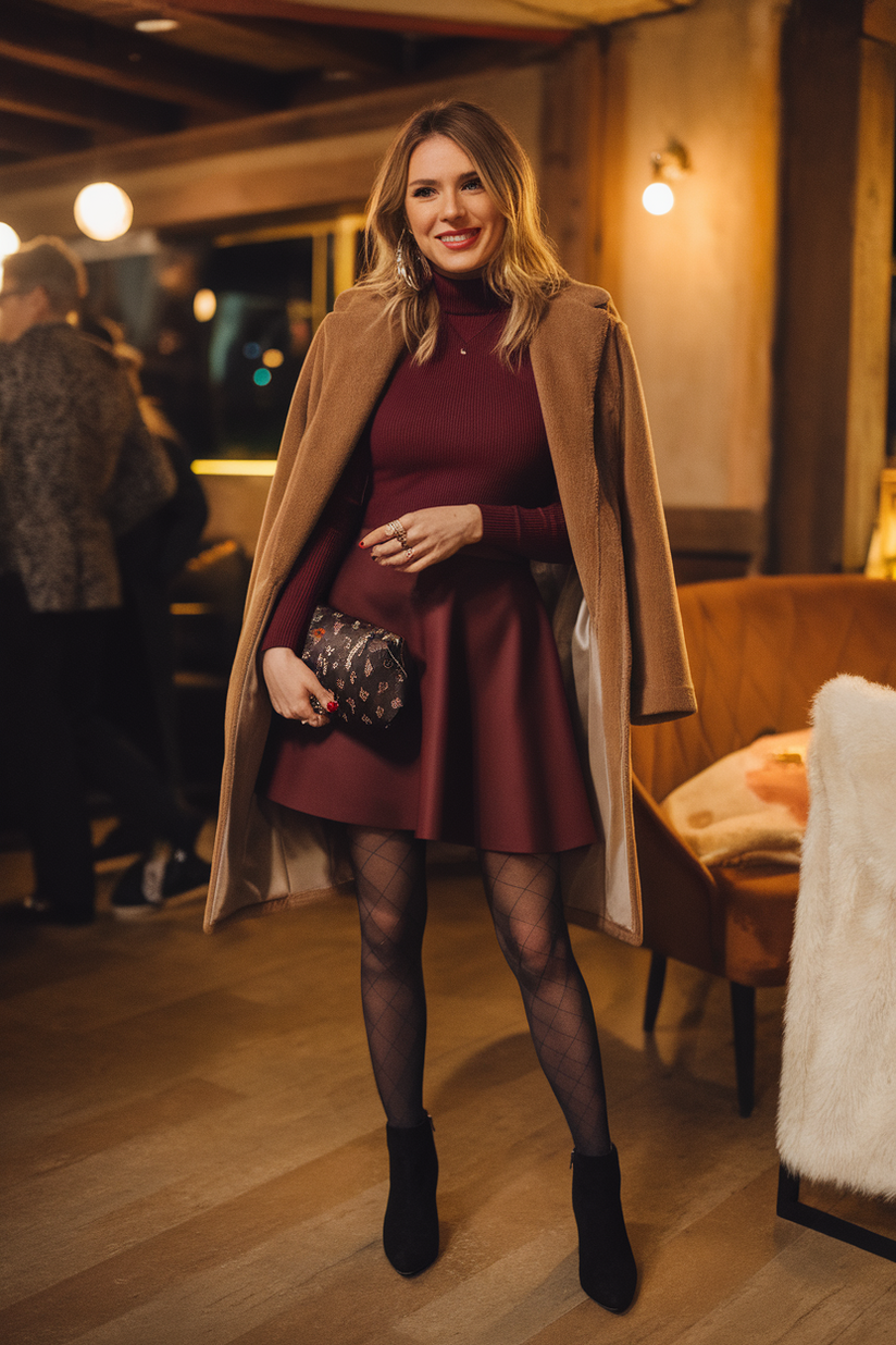 Burgundy skater dress styled with black tights and ankle boots.