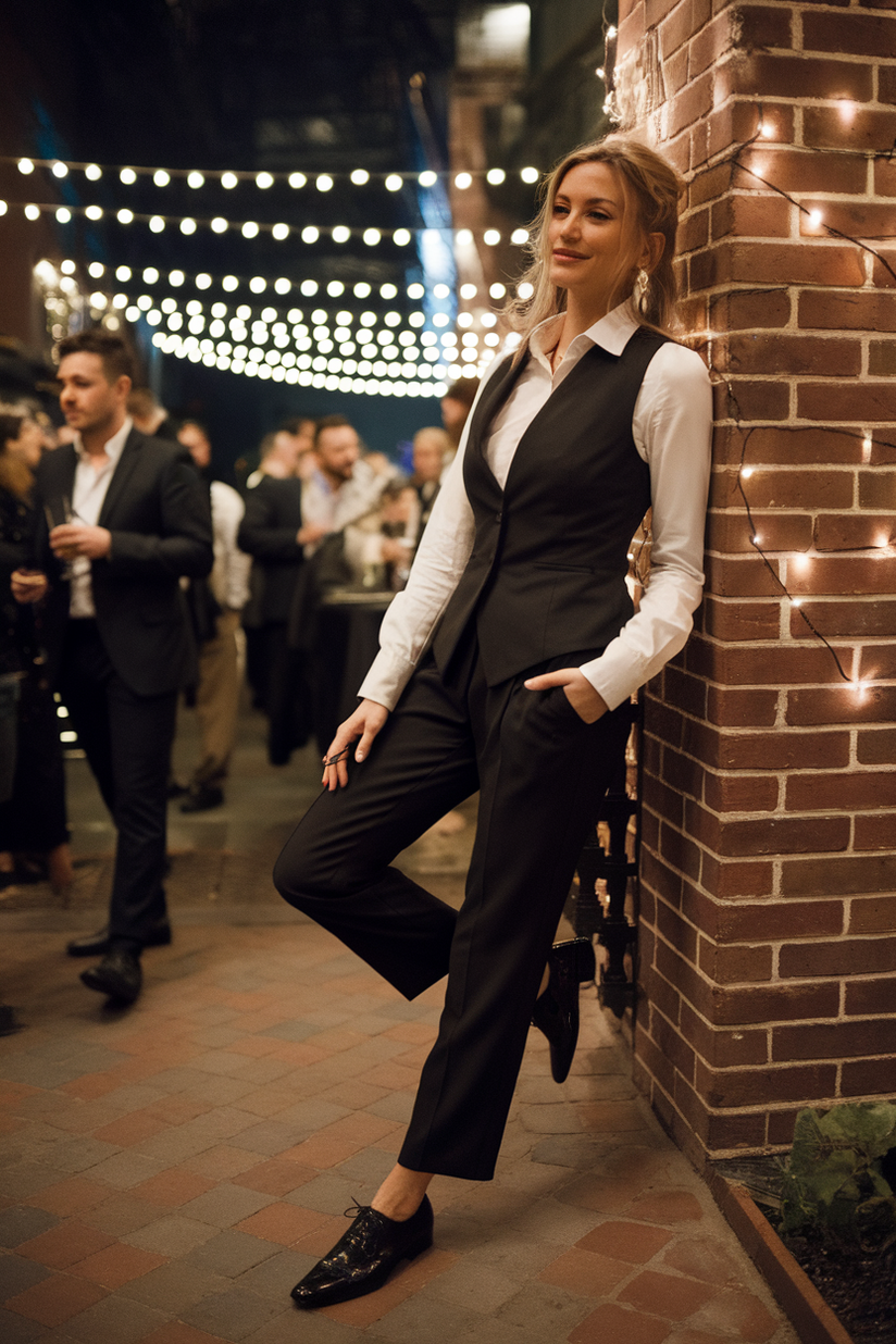 Black tailored vest paired with a white shirt and black trousers.