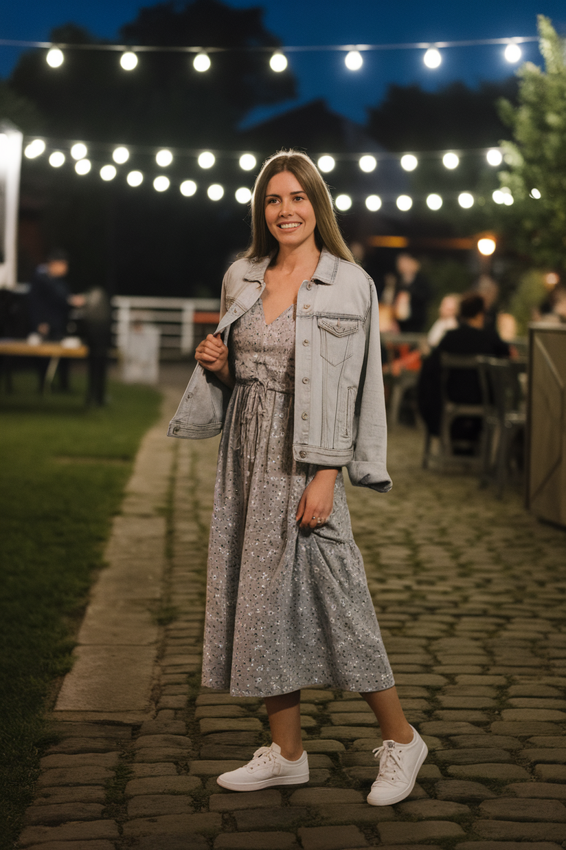 Floral midi dress paired with white sneakers and a denim jacket.