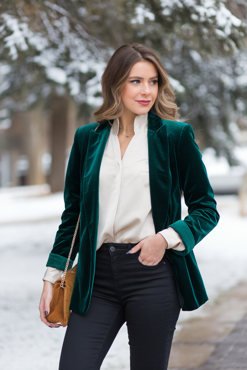 Woman in a green velvet blazer, cream blouse, black pants, and brown ankle boots in the snow.