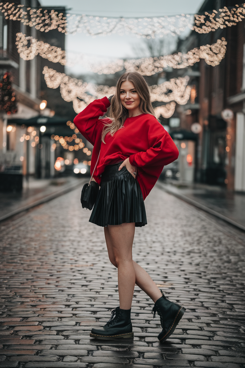 Woman in a red sweater, black mini skirt, and black Doc Martens on a festive cobblestone street.