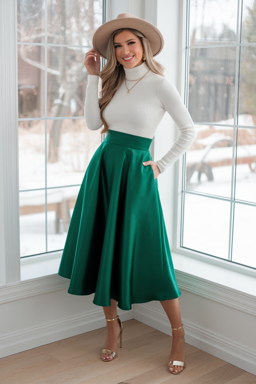 Woman in a green satin skirt, white sweater, and gold heels near a snowy window.