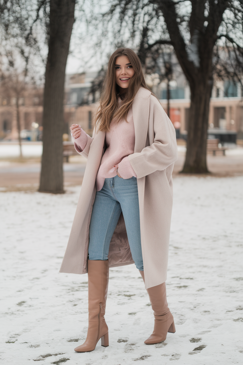 Beige coat, pink sweater, blue jeans, and tan knee-high boots styled for a cozy winter look.