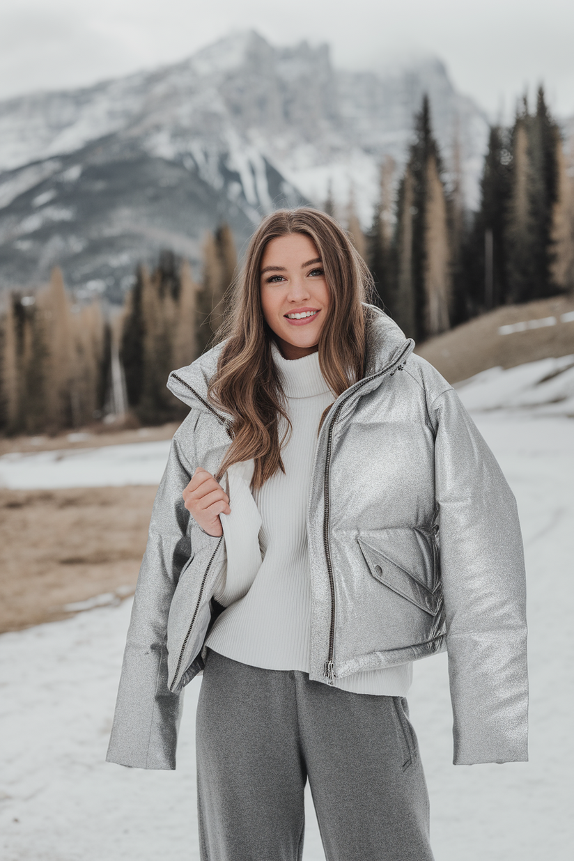 Silver glitter puffer jacket over a white turtleneck sweater and gray wool pants.