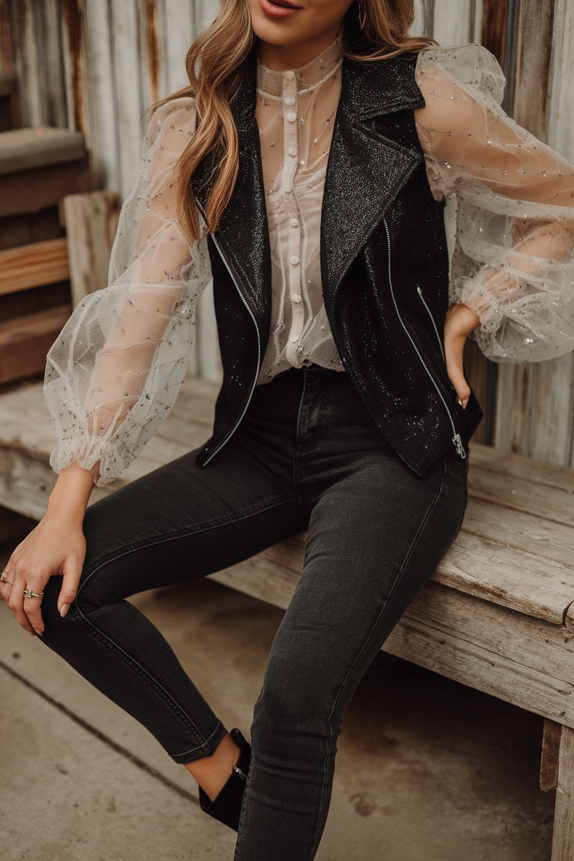 Black glitter vest over a sheer white blouse with skinny black jeans and ankle boots.