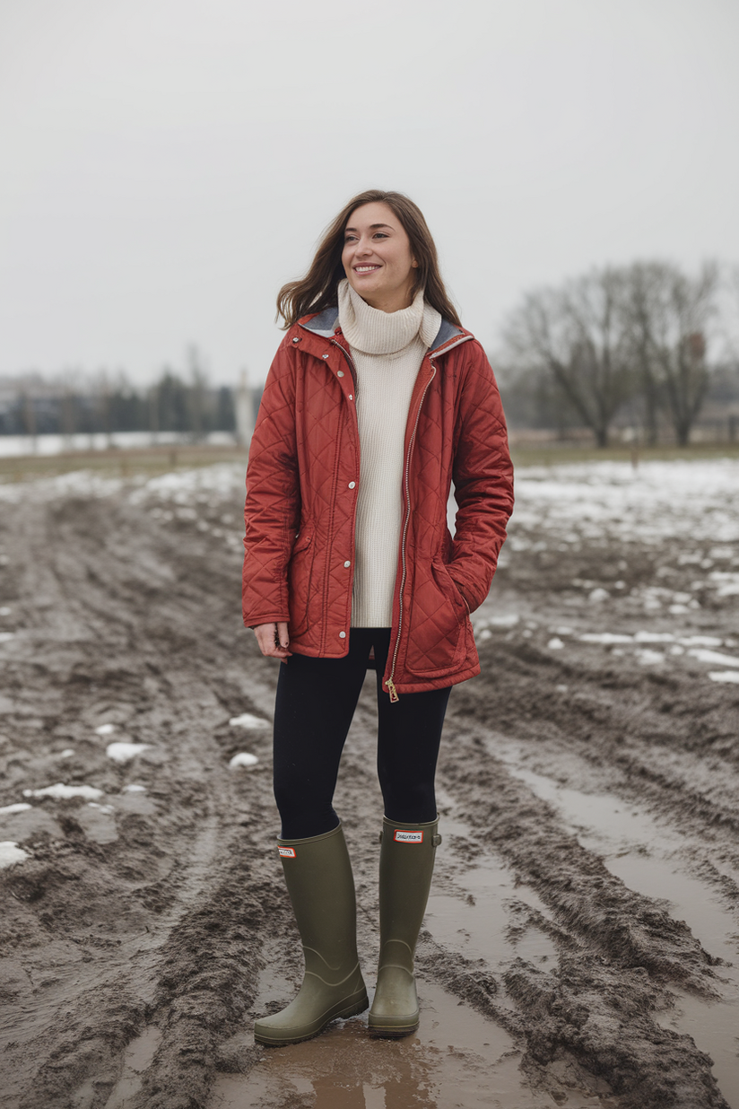 Green Hunter boots styled with black leggings and a red quilted jacket for a functional winter outfit.