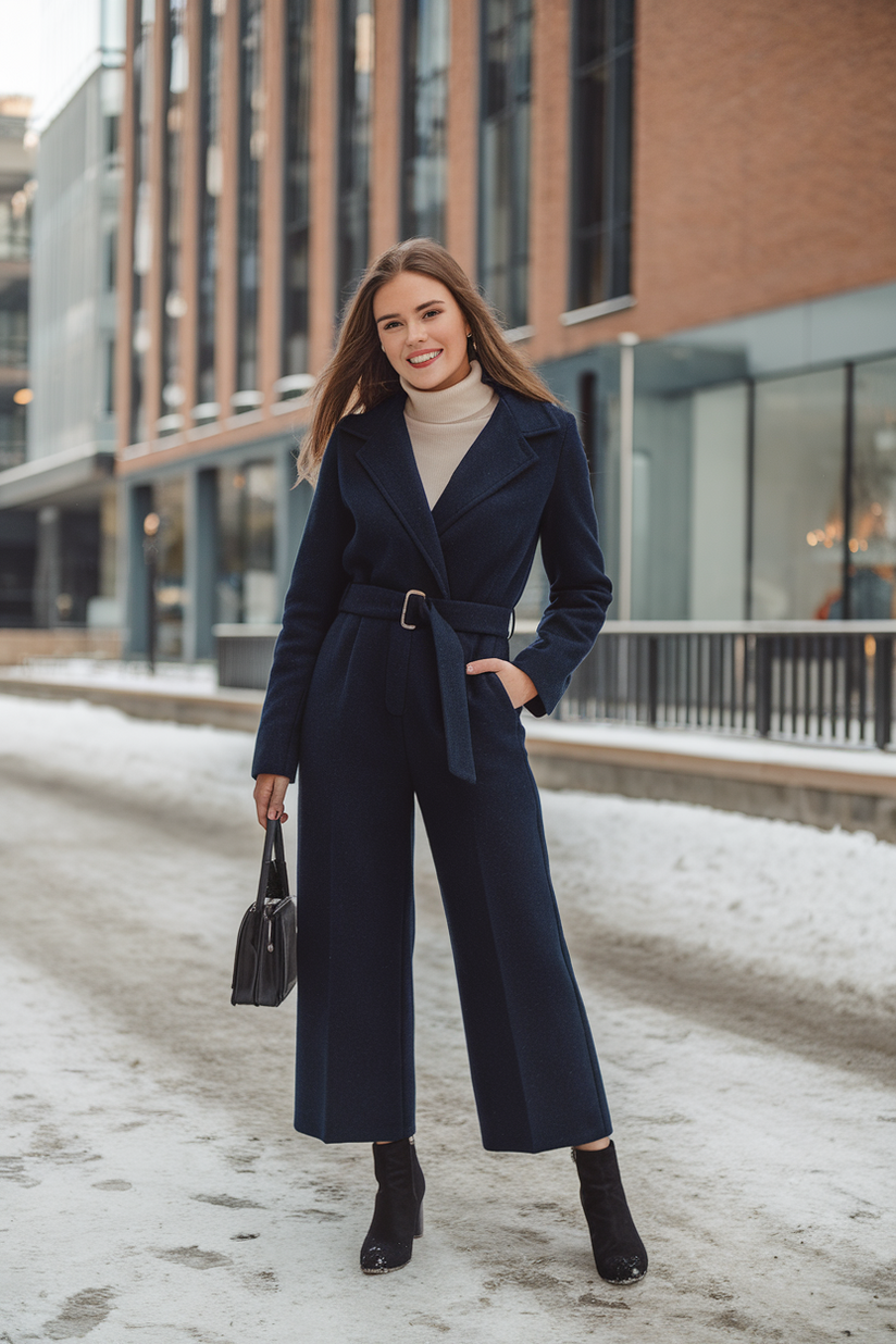 Navy wool jumpsuit with a cream turtleneck and black ankle boots styled for a winter look.