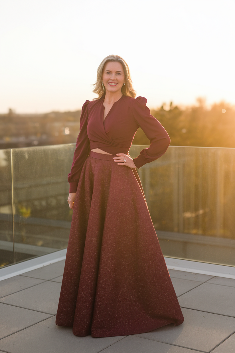 Burgundy glitter long skirt with a matching blouse.