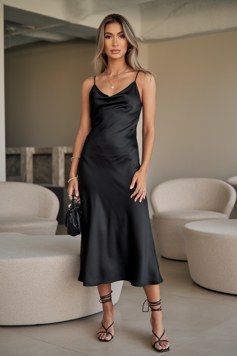 Simple black midi slip dress paired with minimal accessories and black strappy sandals, perfect for a minimalist NYE look.