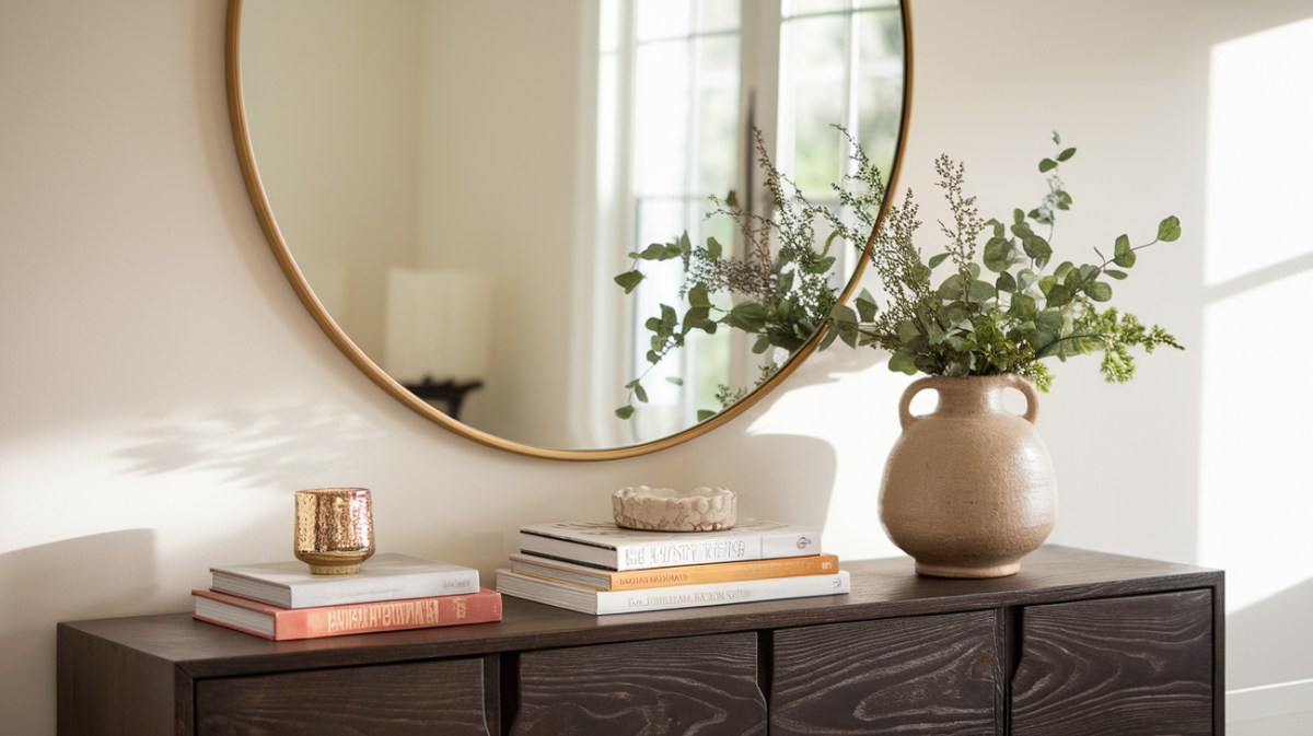 A round mirror with a gold frame above a dark wooden console table styled with books, greenery, and a gold candleholder.