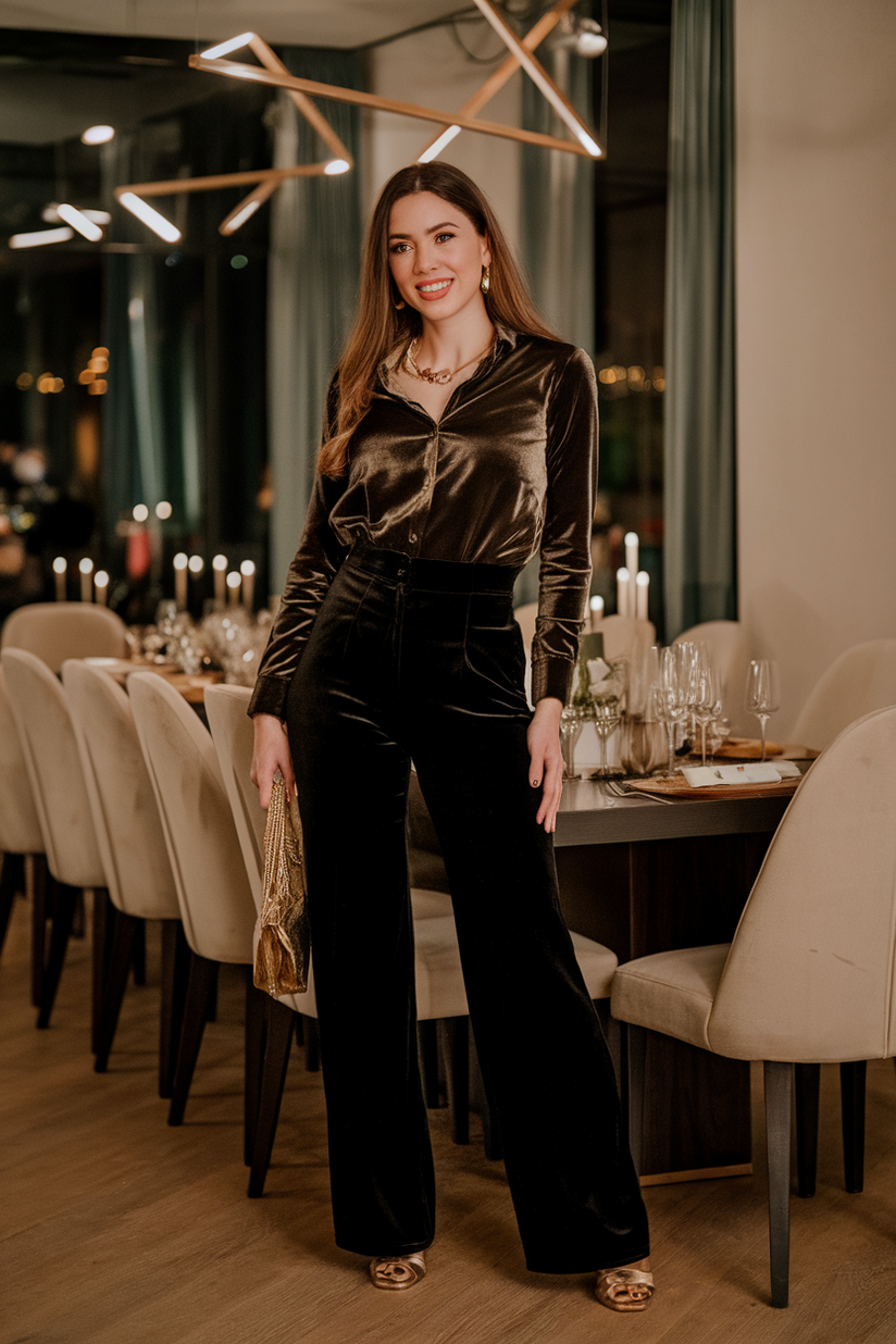 Black velvet high-waisted trousers paired with a gold satin blouse and gold heels, creating a refined and elegant NYE outfit.