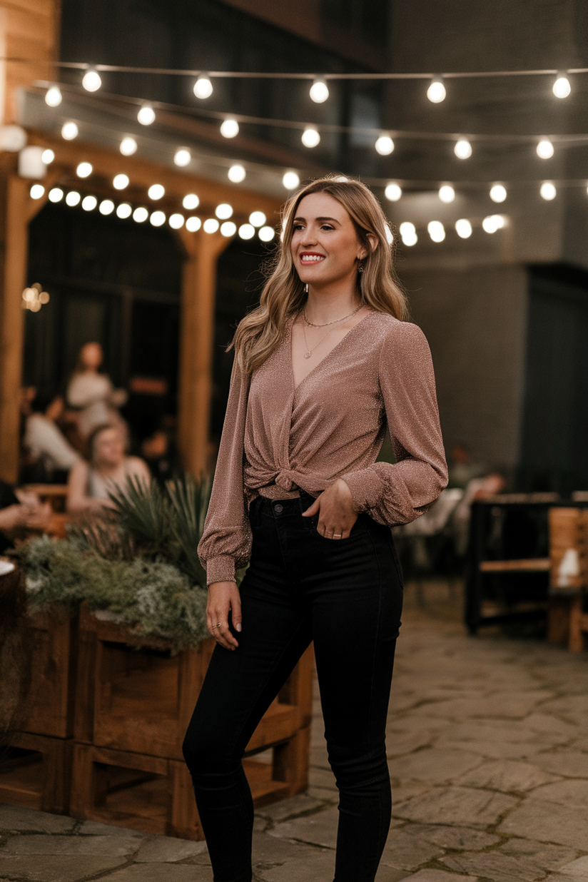 Black skinny jeans paired with a glittery rose gold blouse and black ankle boots, combining comfort and sparkle for NYE.