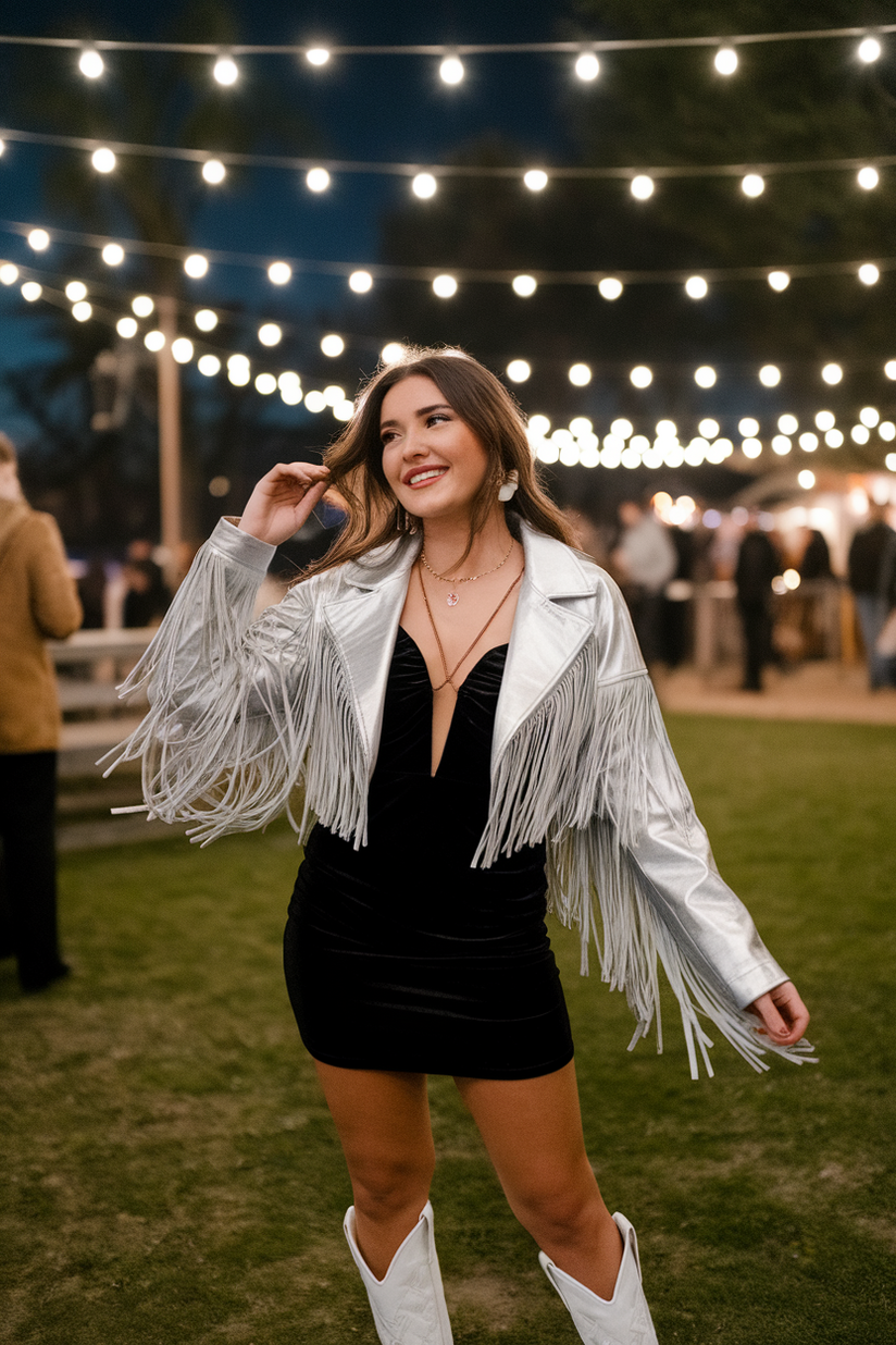 Black mini dress paired with a silver fringed jacket and white cowboy boots, creating a fun and festive NYE outfit.