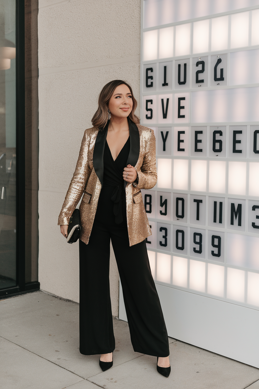 Black jumpsuit styled with a gold sequin blazer and black heels, creating a sophisticated NYE outfit.