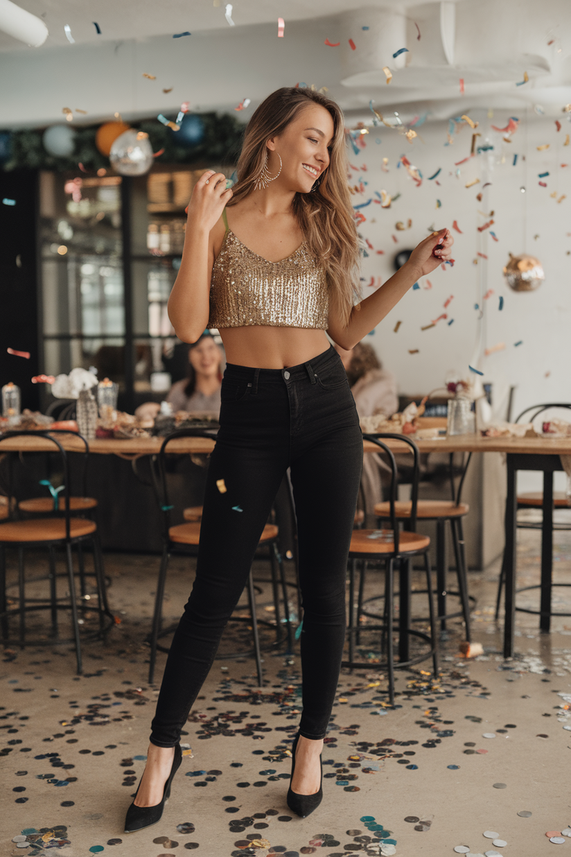 Skinny black jeans paired with a sequined gold crop top and black heels, combining casual and festive elements for NYE.