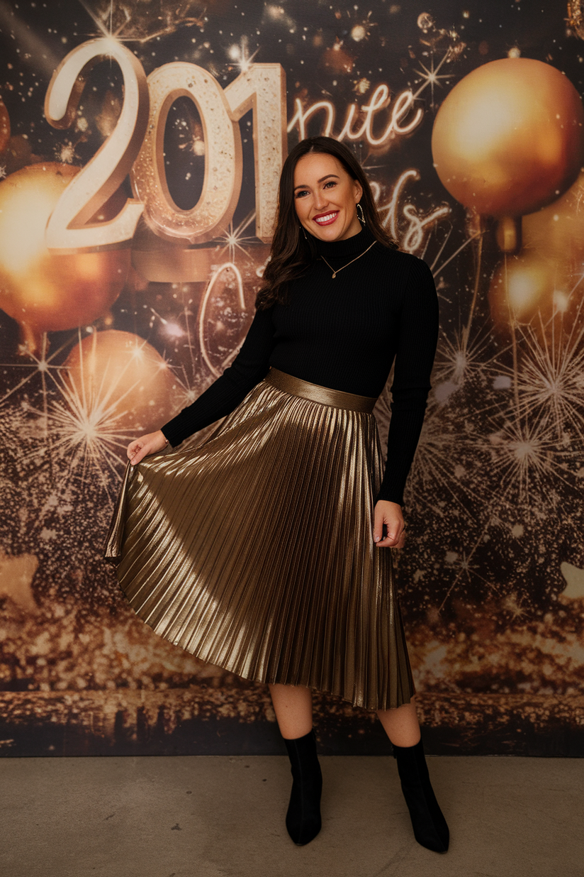 Gold pleated midi skirt styled with a black turtleneck and ankle boots, offering a chic NYE look.