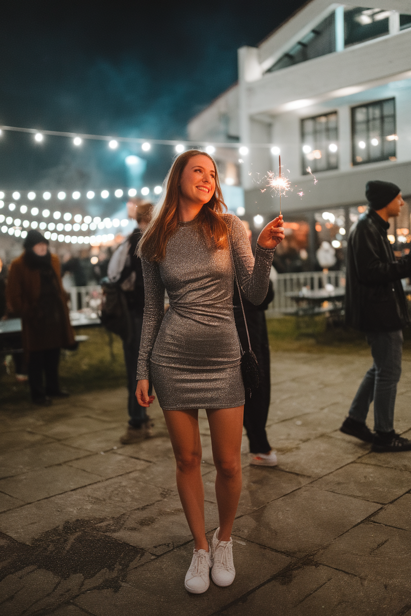 Glittery silver mini dress paired with white sneakers, offering a playful and comfortable NYE outfit.