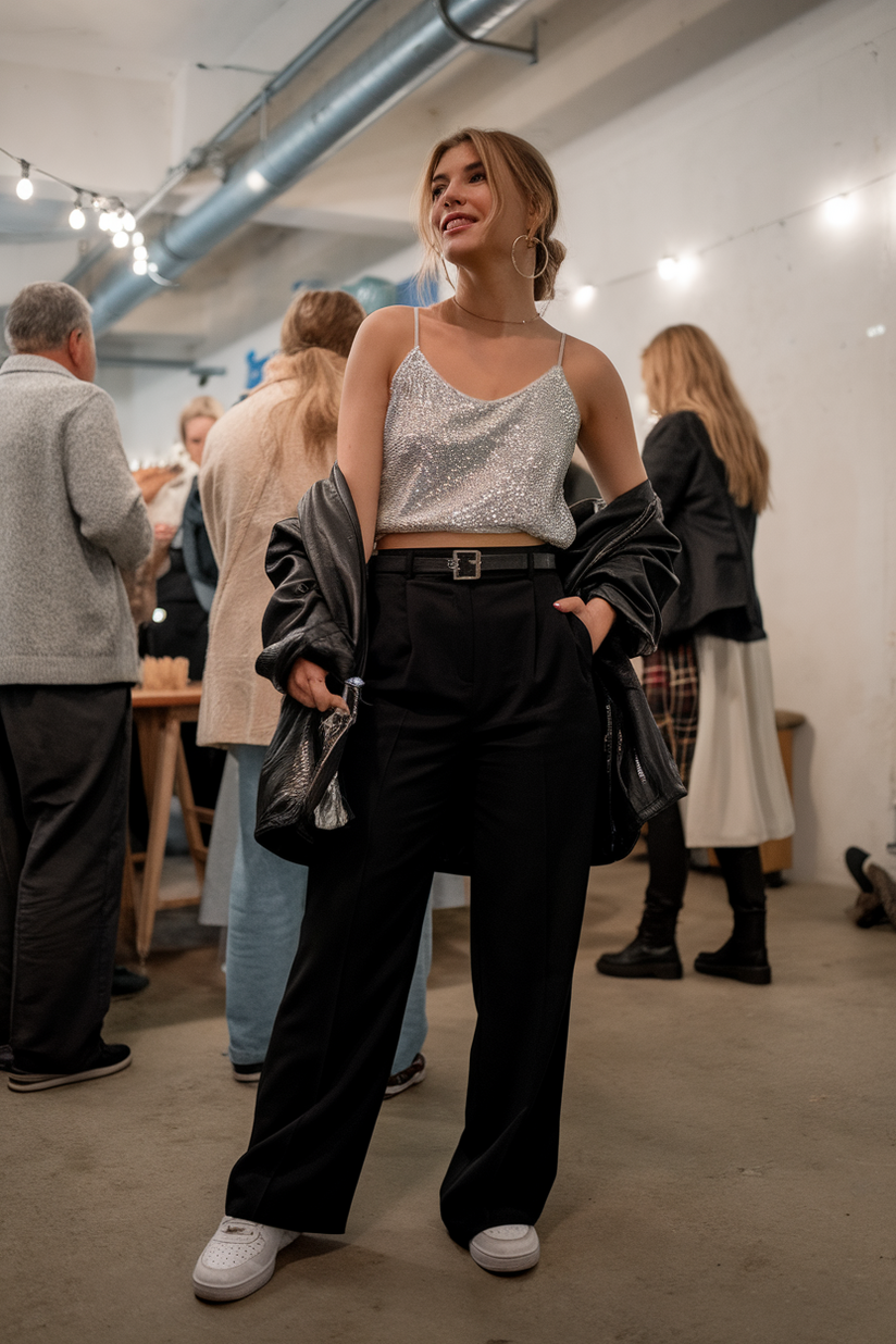 Silver sequined top paired with black trousers and white trainers, combining casual and festive NYE elements.