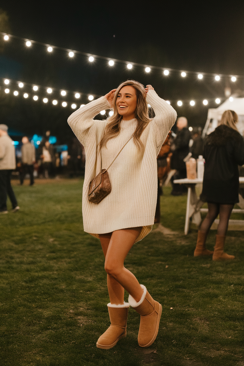 Oversized cream sweater dress paired with tan Ugg boots, offering a cozy and casual NYE outfit.