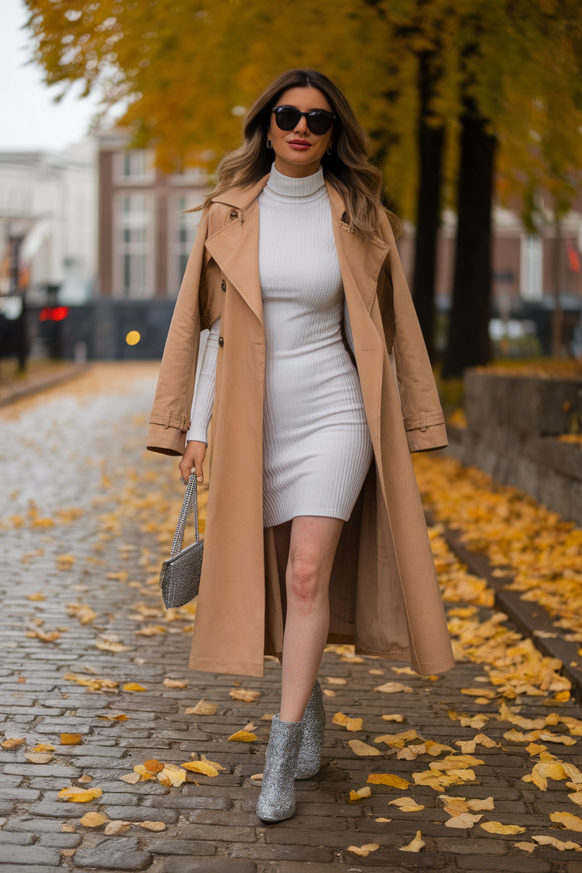 Camel trench coat, white turtleneck dress, and silver glitter ankle boots.