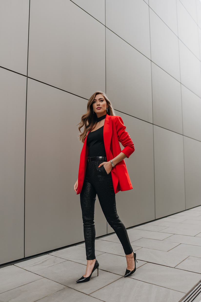 Black glitter pants with a red blazer and black pumps.