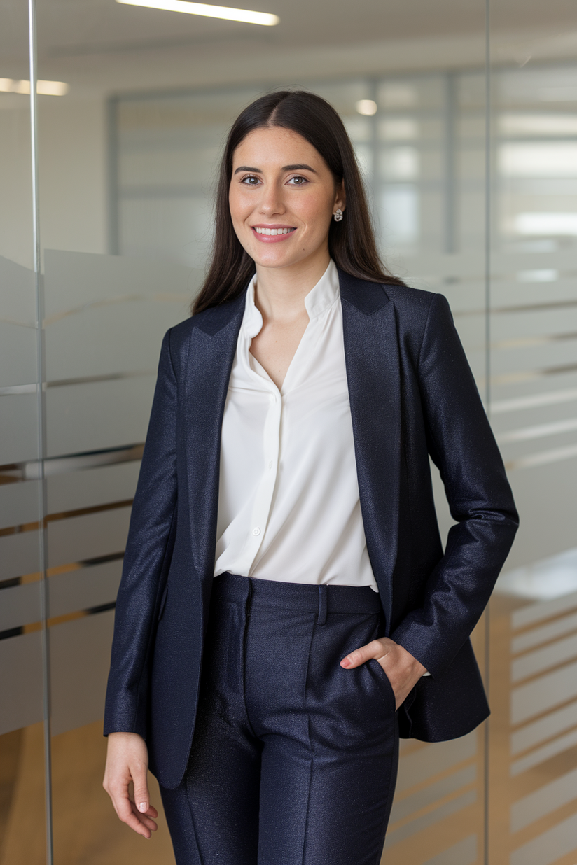 Navy glitter blazer over a white button-up blouse with matching trousers.