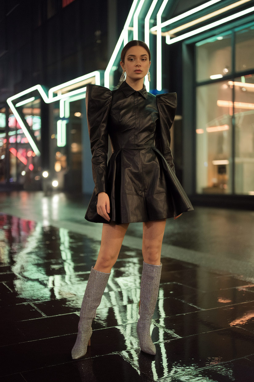 Black mini dress with structured shoulders paired with knee-high silver glitter boots.