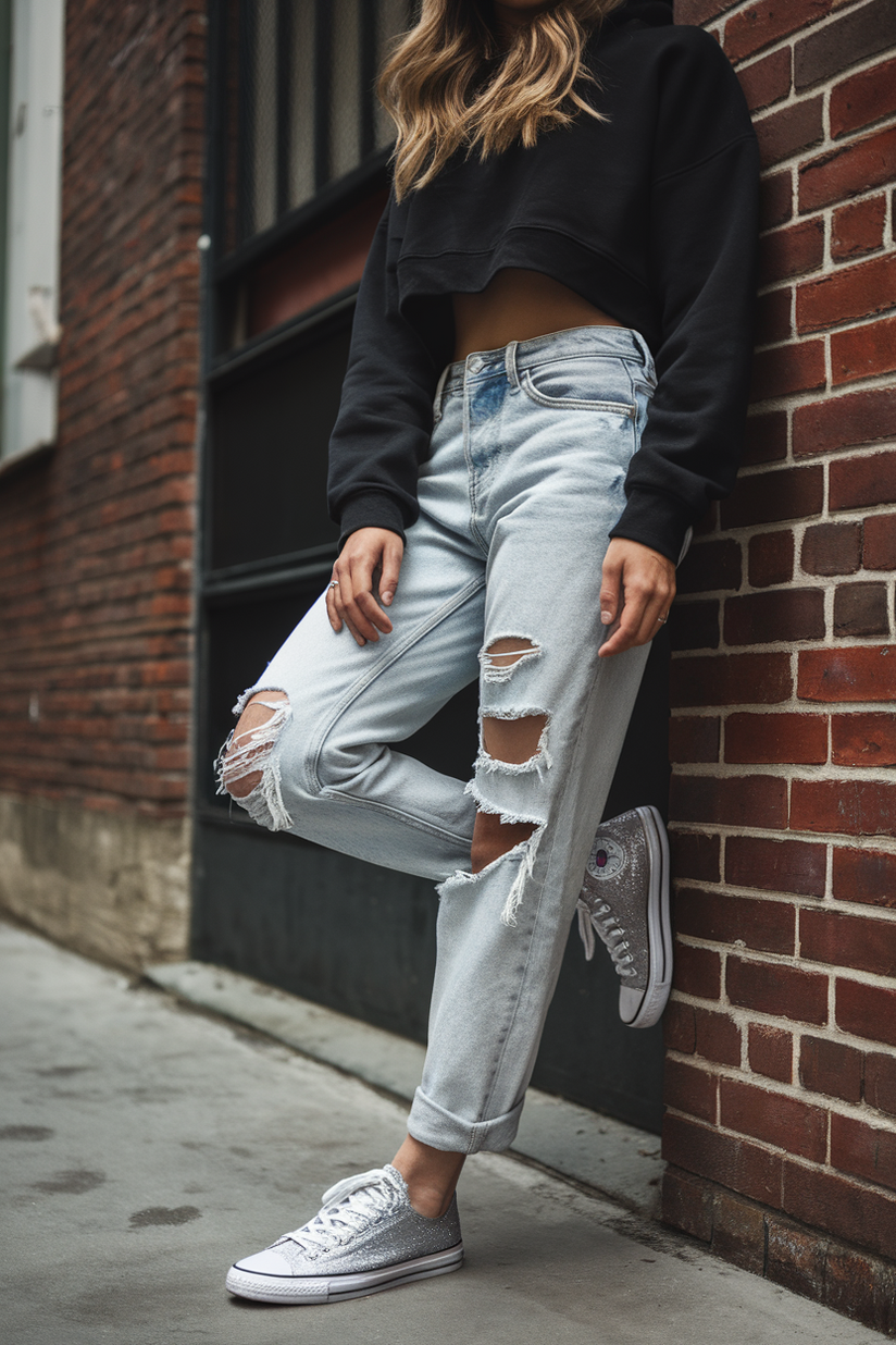 Ripped light-wash jeans, cropped black hoodie, and silver glitter Converse sneakers.