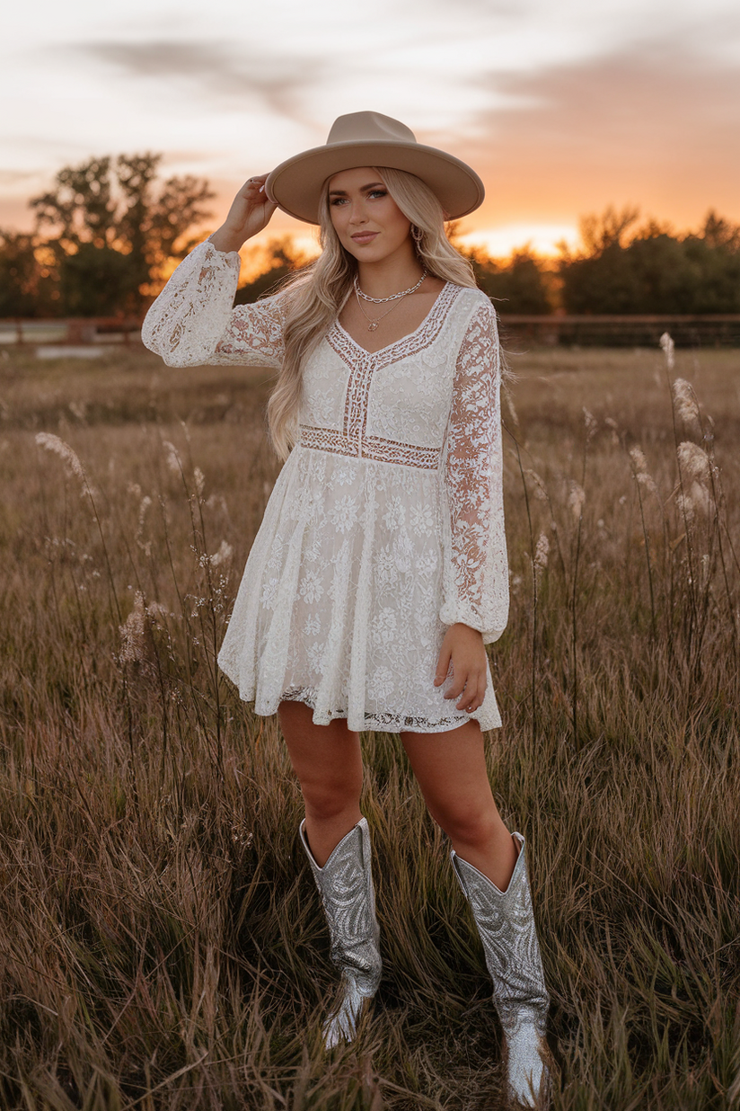 White lace sundress with silver glitter cowgirl boots and a beige hat.