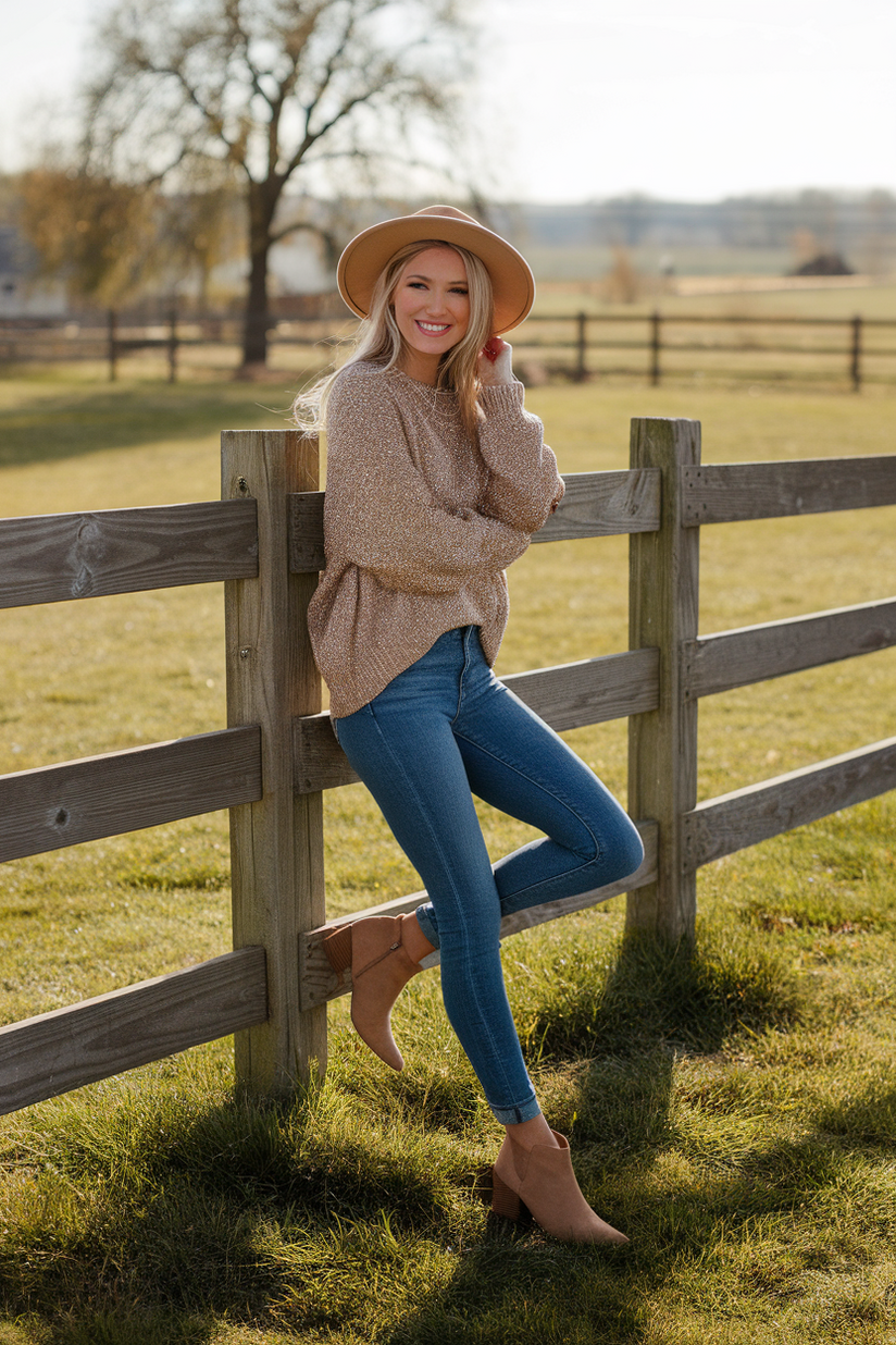 Glitter-accented skinny jeans with a beige knit sweater and tan ankle boots.