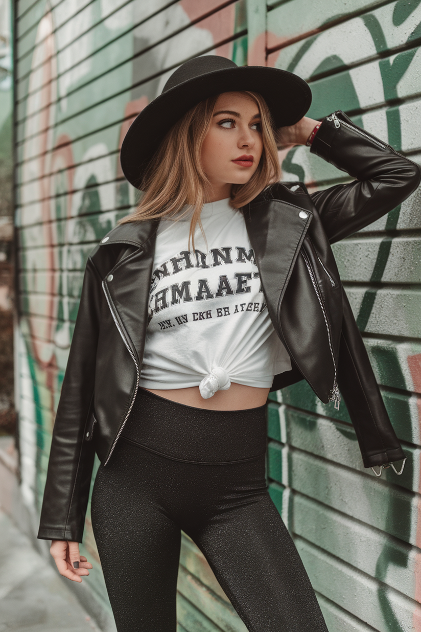 Black glitter leggings with a cropped leather jacket and white graphic tee.