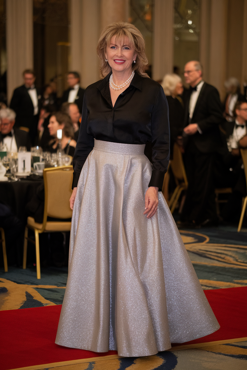 Silver glitter long skirt with a black satin blouse and pearl necklace.