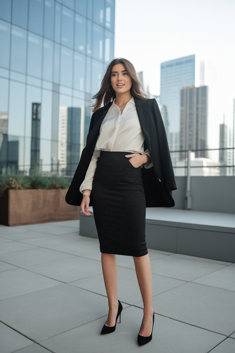 Black glitter pencil skirt with a white blouse and black stiletto heels.