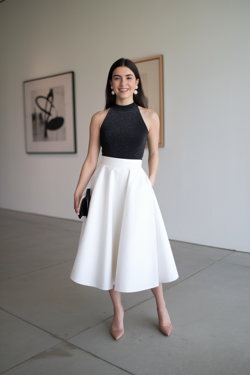 Black glitter sleeveless top with a white A-line midi skirt and nude pumps.