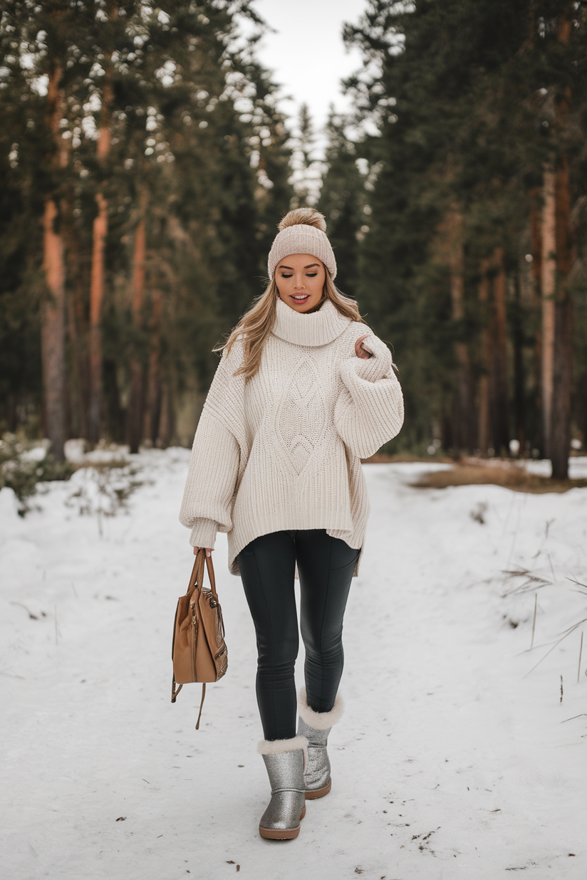 Oversized cream sweater, black leggings, and silver glitter Ugg boots.