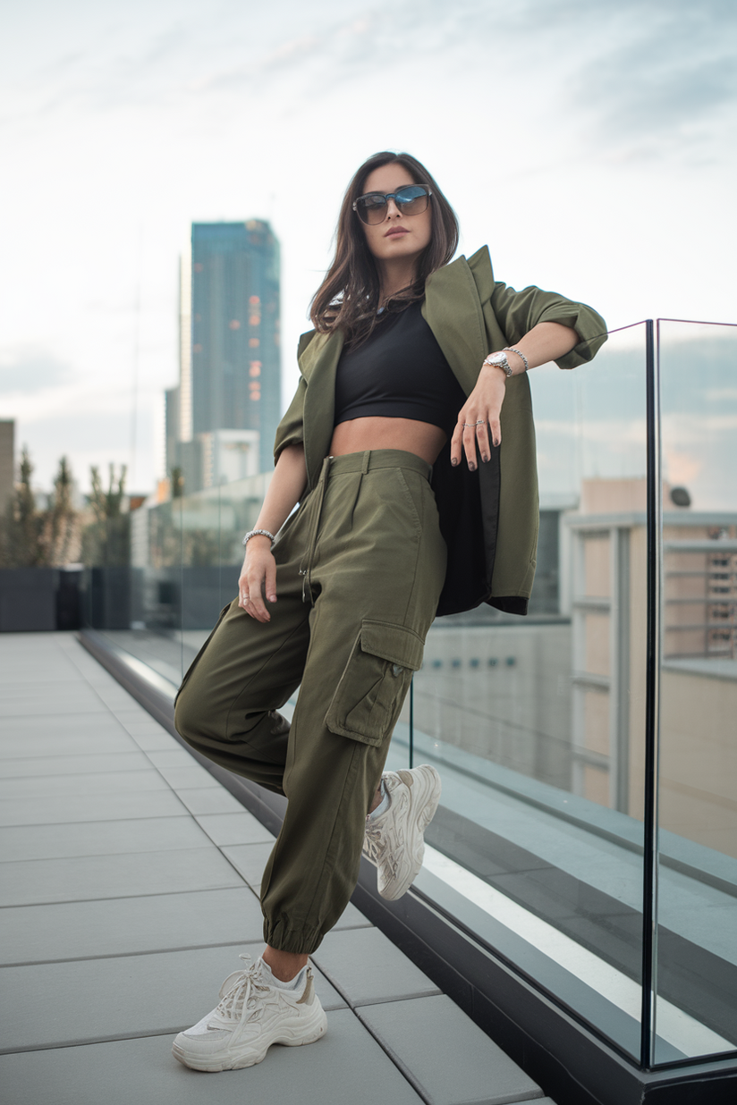 Olive green cargo pants with a black crop top and white sneakers.