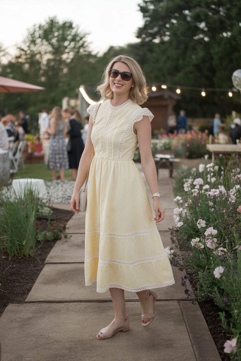 Pastel yellow sundress with beige flat sandals.