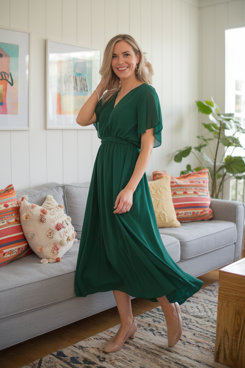 Emerald green midi dress paired with nude flats.