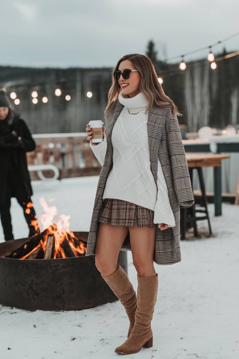 Plaid mini skirt with a white sweater and tan high boots.