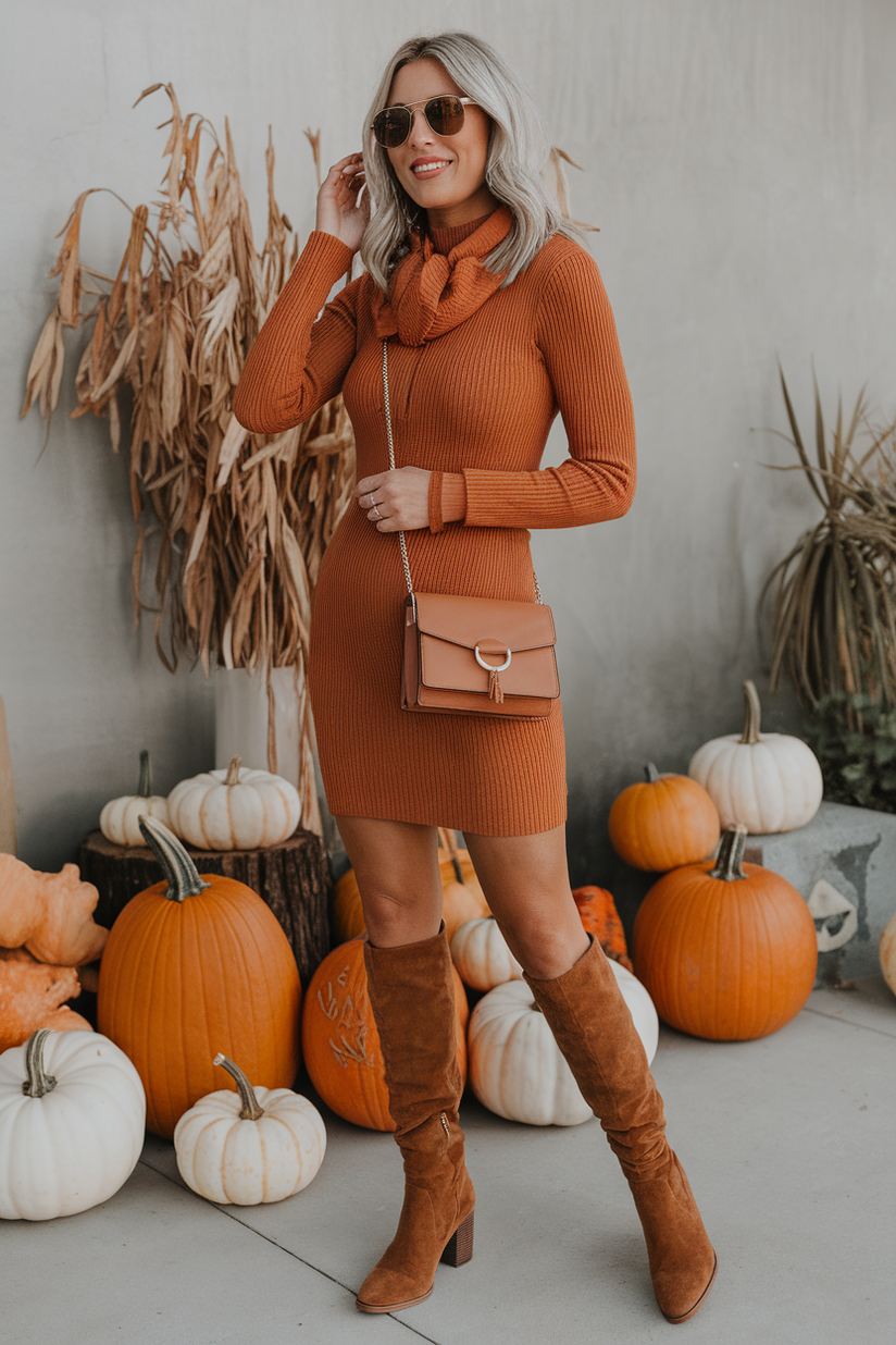 Burnt orange knit dress with brown knee boots.