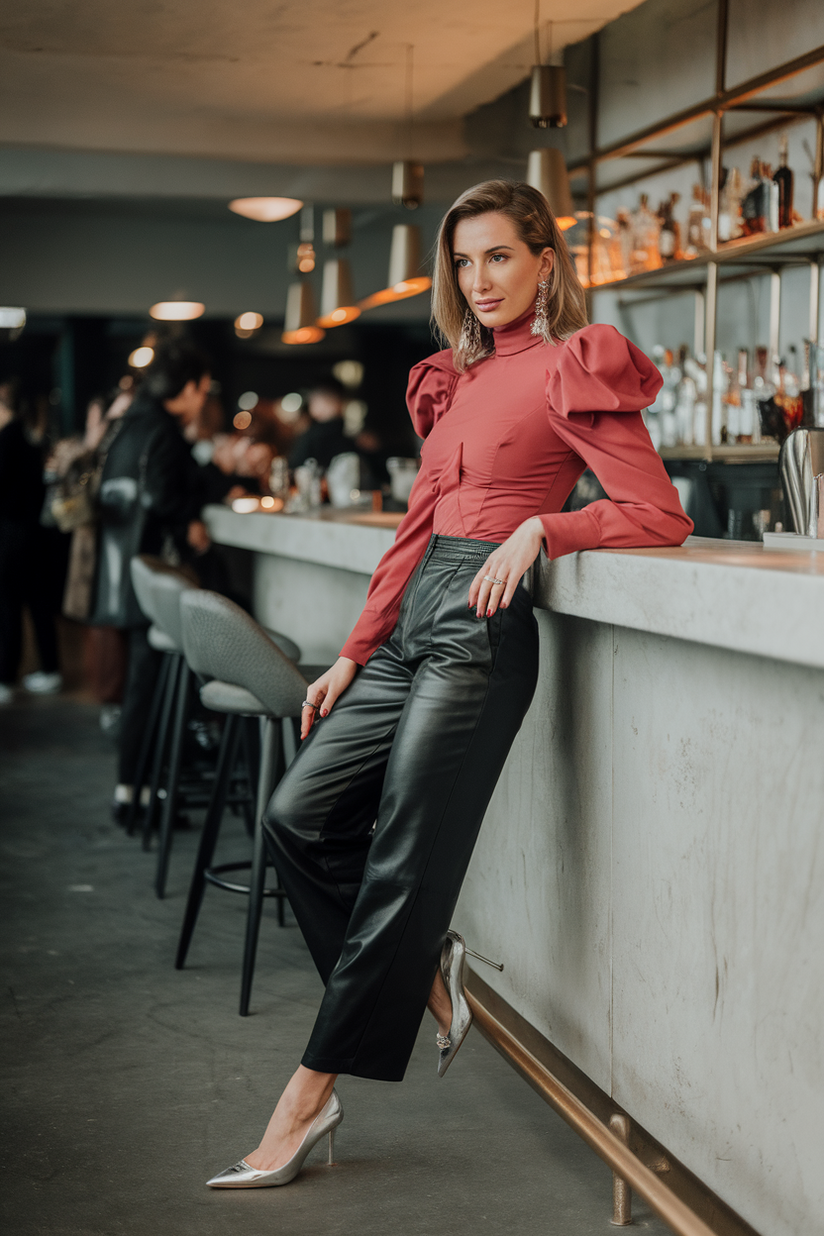 Black leather pants with a red blouse and silver pointed heels.