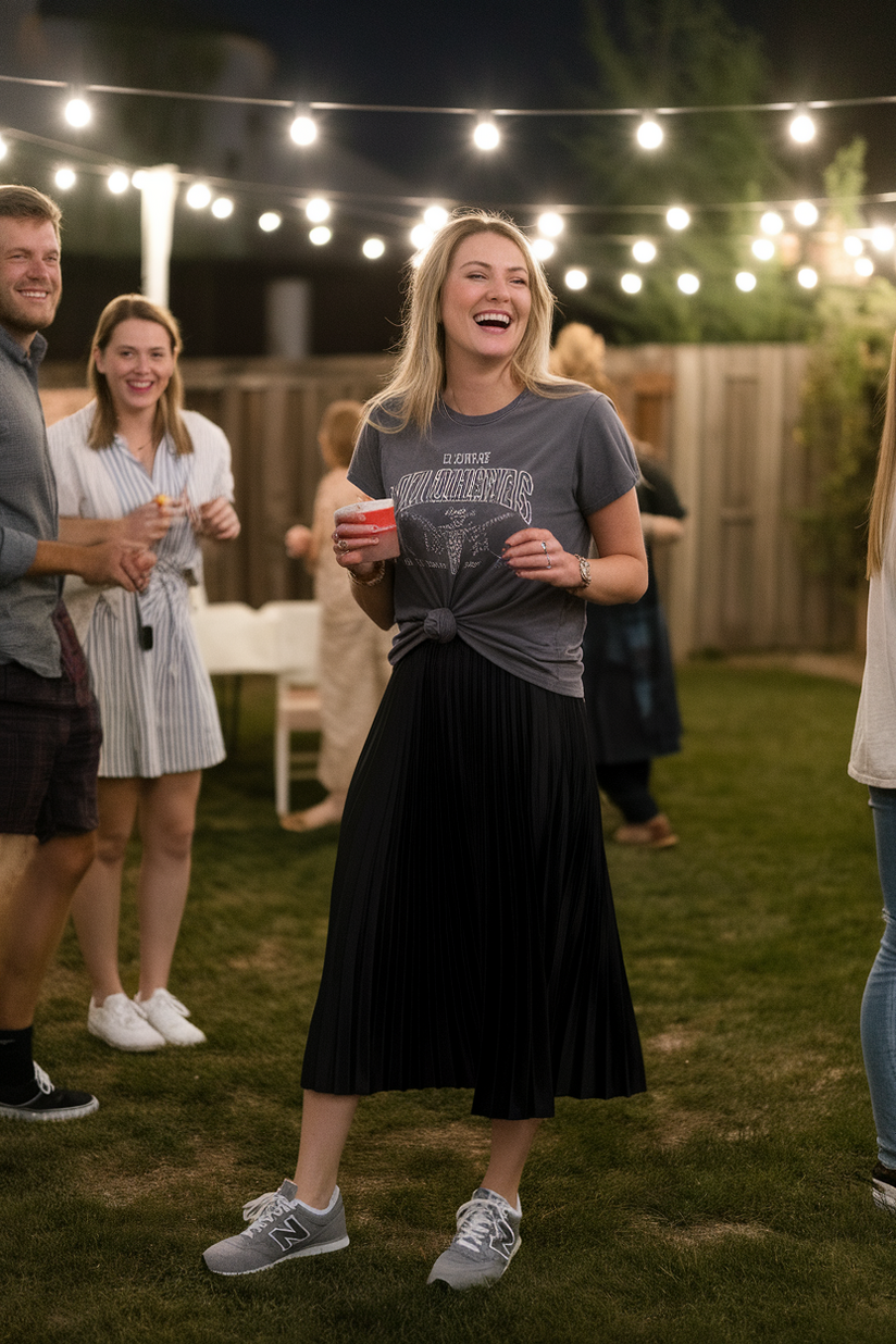 Black pleated skirt with a graphic tee and grey New Balance sneakers.