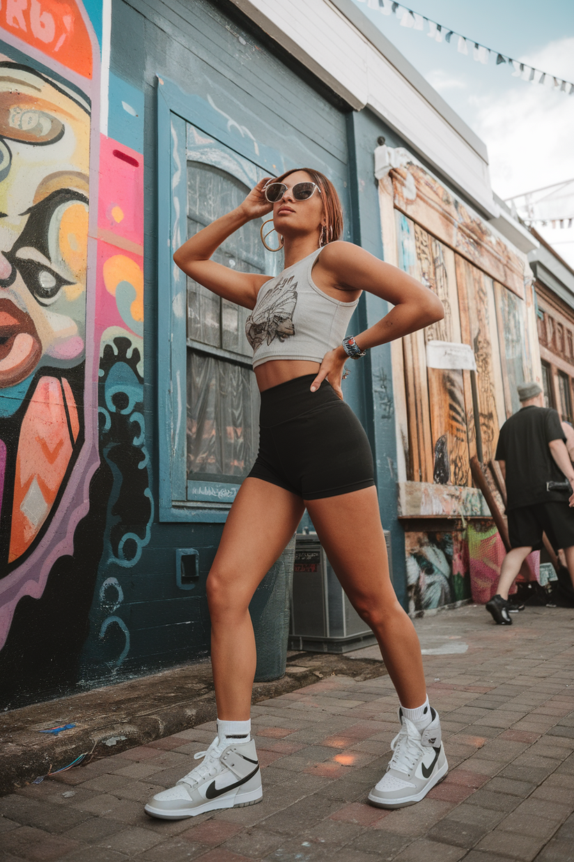 High-waisted black shorts with a graphic tank top and Nike Dunks.