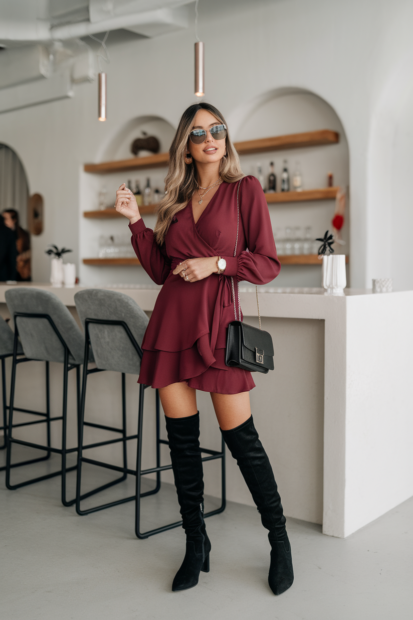 Burgundy wrap dress paired with black over-the-knee boots.