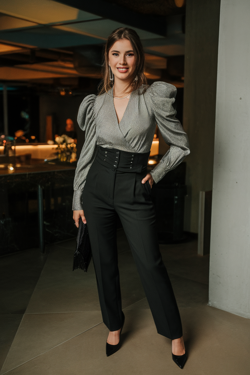 High-waisted black trousers with a silver blouse and black heels.