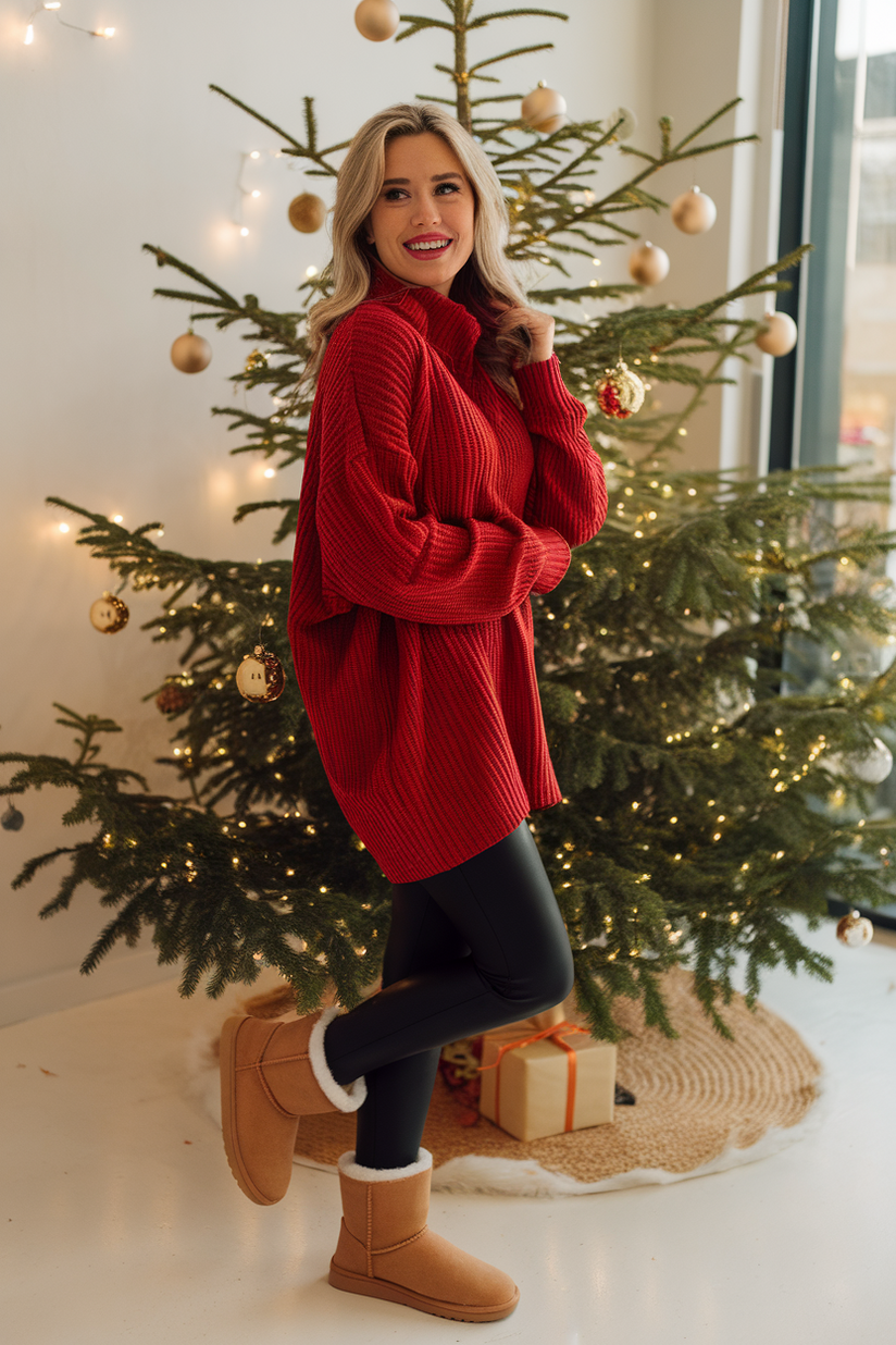 Red sweater with black leggings and tan Ugg boots.