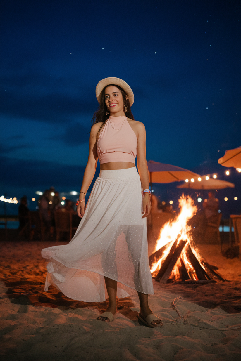 White maxi skirt with a pastel pink halter top and beige sandals.